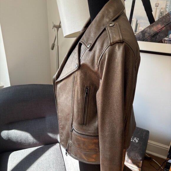 Banana Republic Metallic Leather Moto Jacket, MEDAL BRONZE Medium - Picture 4 of 15